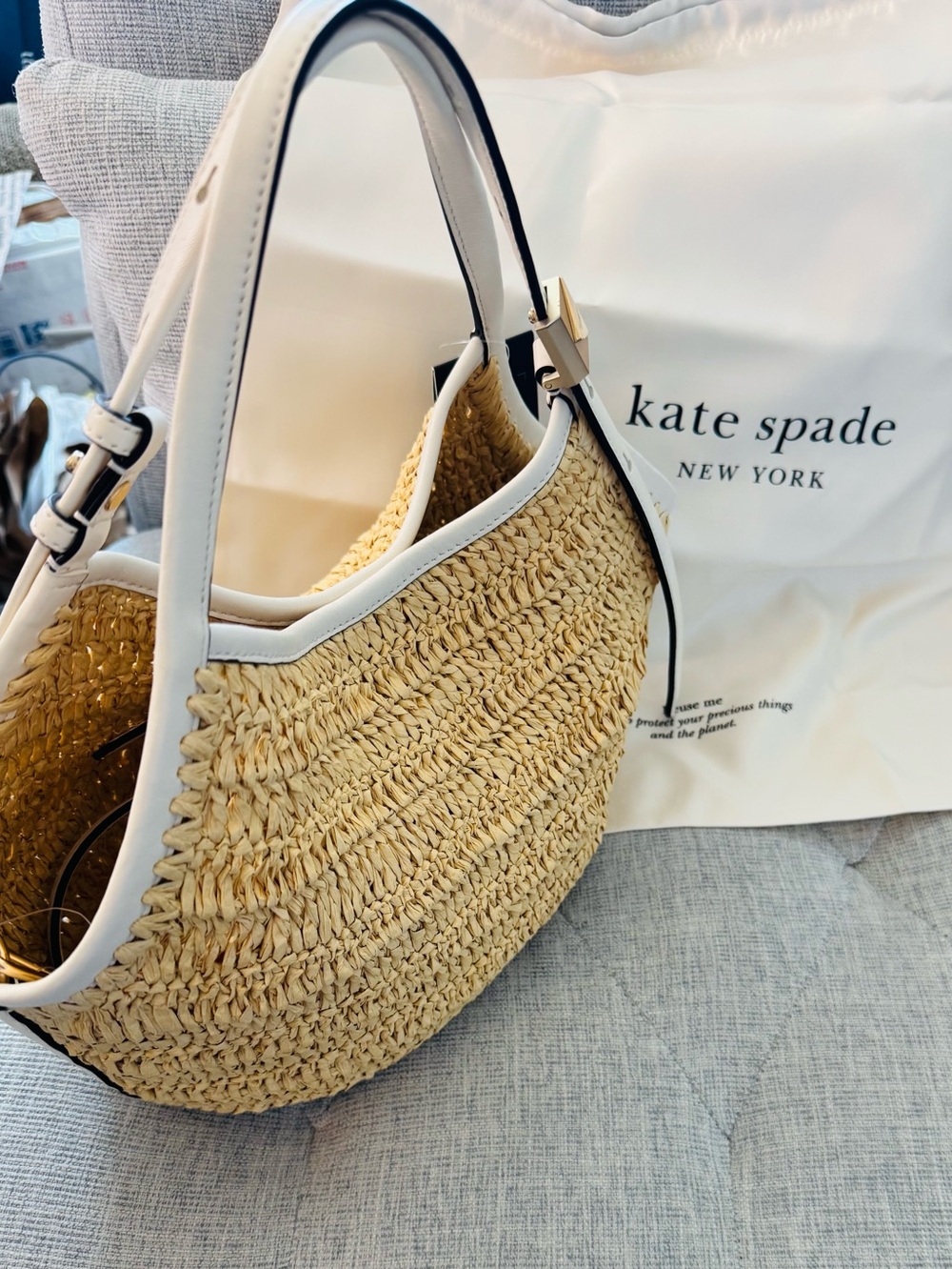 Kate Spade Deco Straw Small Tulip Tote Bag Natural Cream - Picture 15 of 16